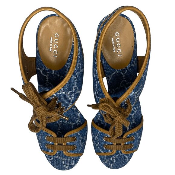Gucci Double GG Logo Canvas Platform Sandal EU 38 US 8 Blue Slingback High Heel - Picture 5 of 12